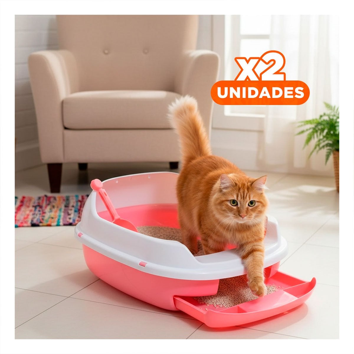 PACK2 CONTENEDOR ROSADO PARA GATO CON BANDEJA EXTRAIBLE ABIERTA Y+REGALO STICKER - 1