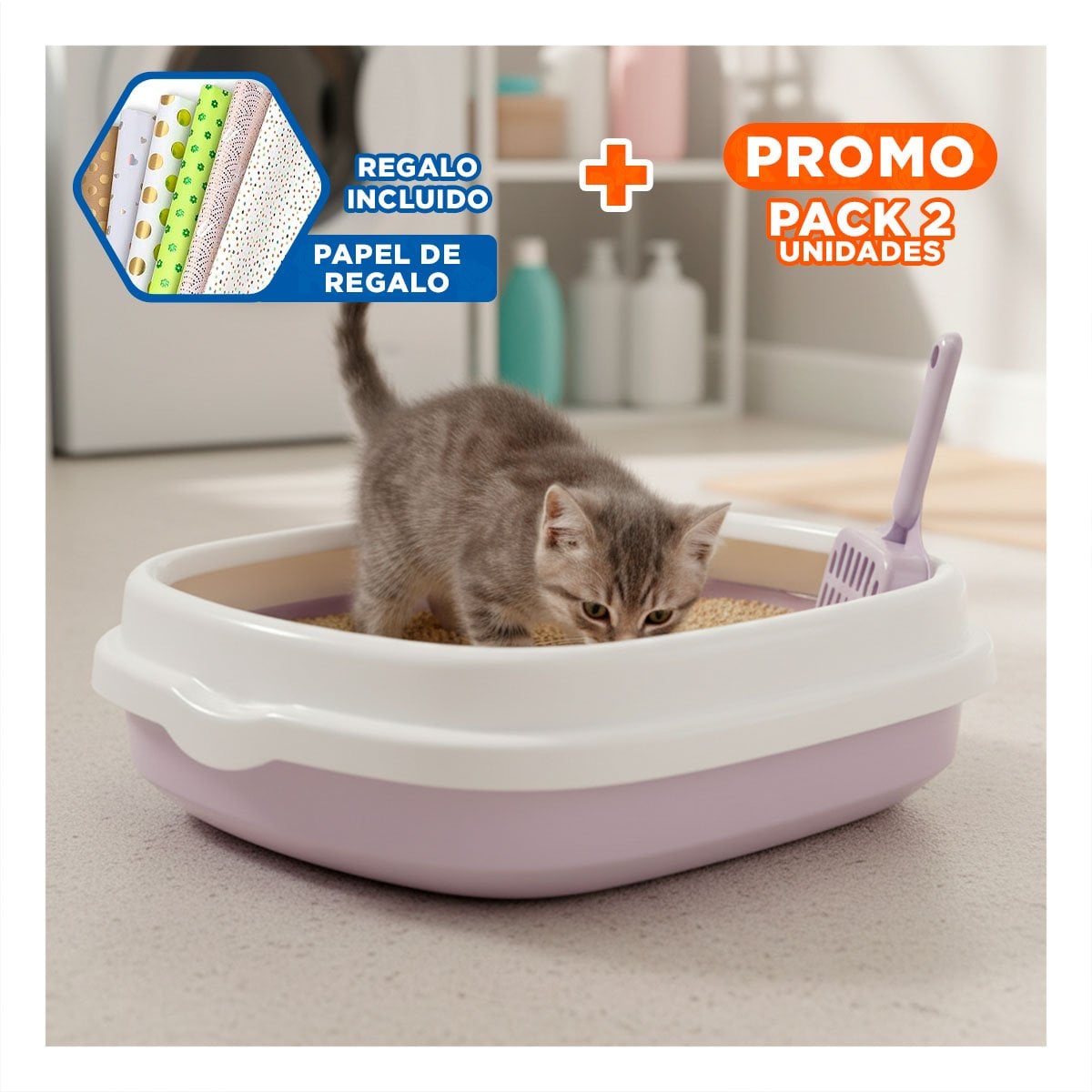 PACK2 RECIPIENTE LILA PARA GATO CON PALA CERNIDORA 48X40X12,5 Y+PAPEL REGALO - 1