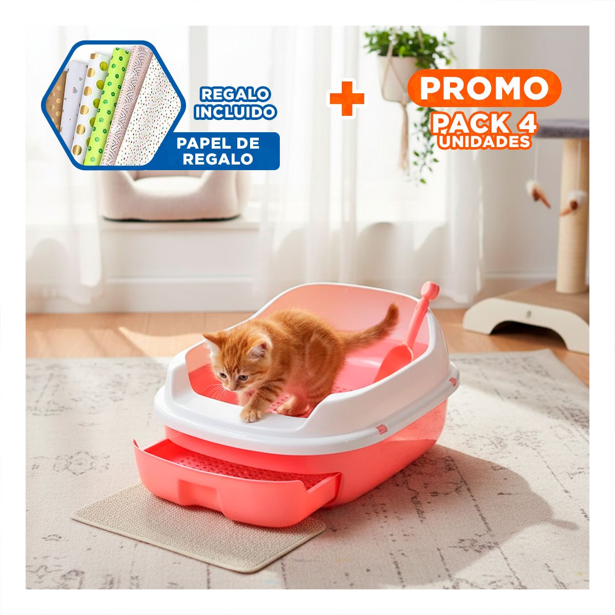 PACK4 SISTEMA ROSADO PARA GATO CON BANDEJA EXTRAIBLE ABIERTA Y+PAPEL REGALO - 1