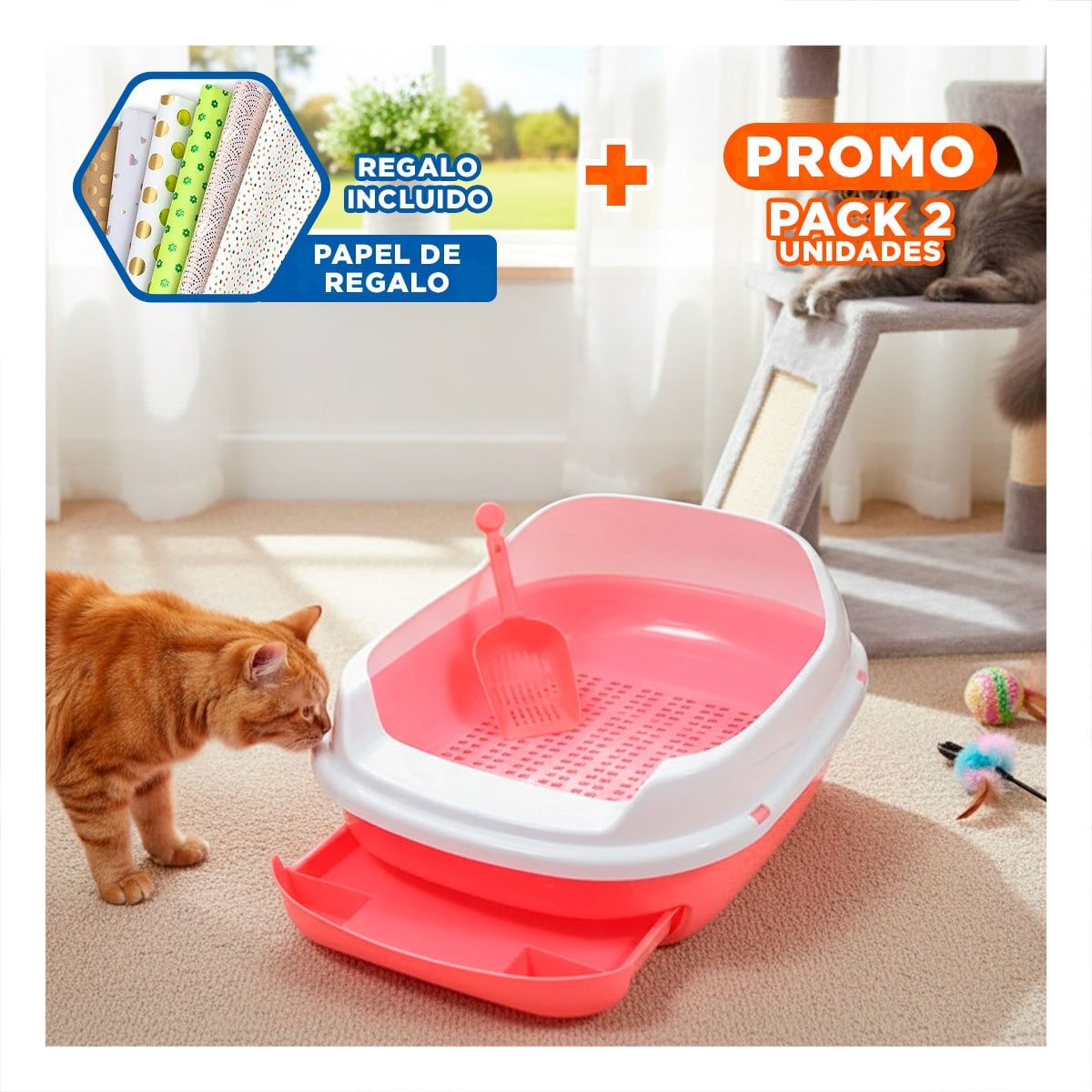 PACK2 RECIPIENTE ROSADO PARA GATO CON BANDEJA EXTRAIBLE ABIERTA Y+PAPEL REGALO - 1