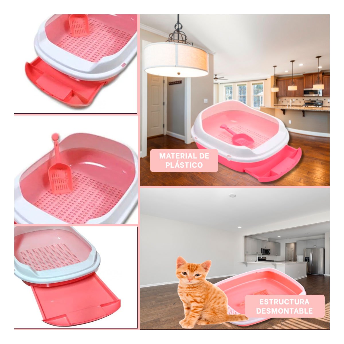 PACK2 RECIPIENTE ROSADO PARA GATO CON BANDEJA EXTRAIBLE ABIERTA Y+PAPEL REGALO - 3