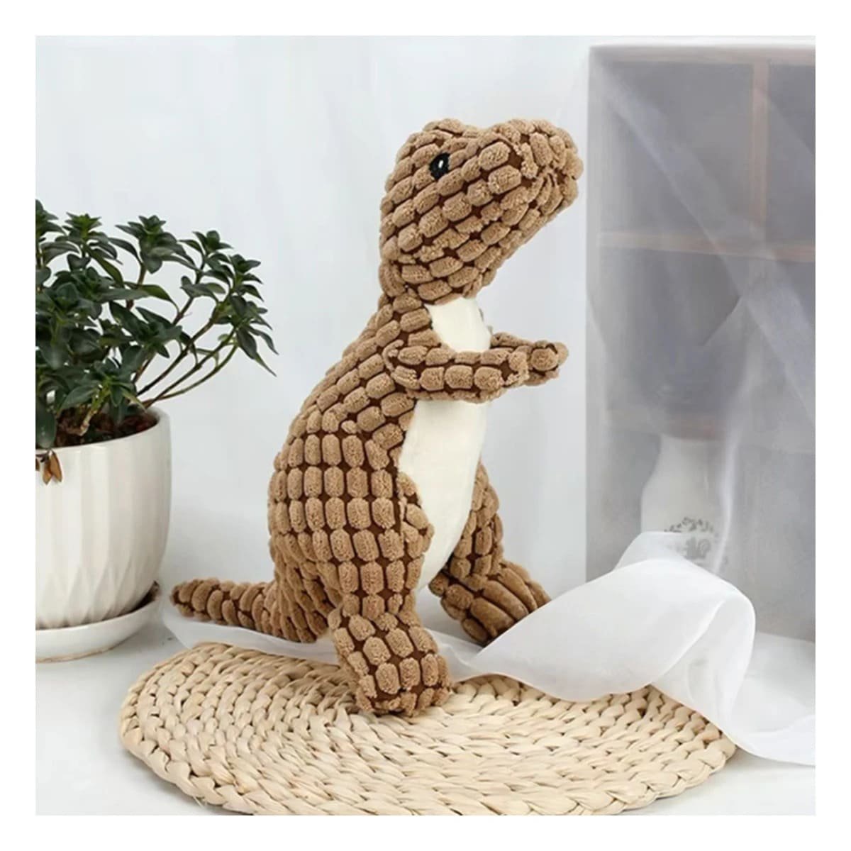 FIGURA ACOLCHADA DE DINOSAURIO MARRON PARA MASCOTA CON FORMA REALISTA Y+LIGAS REGALO - 1