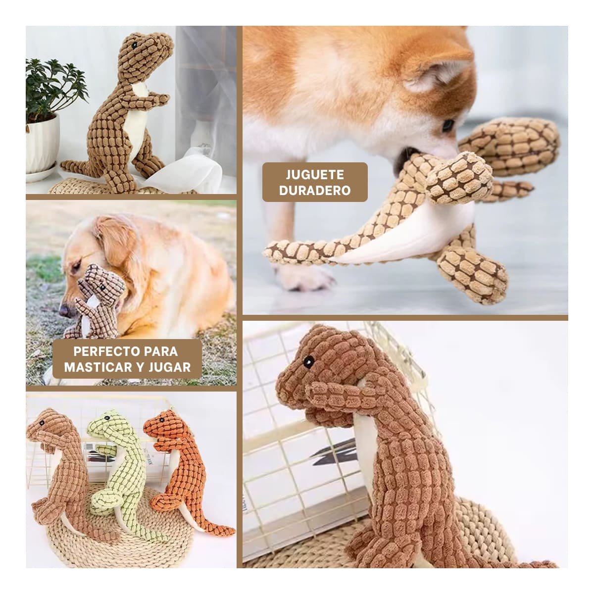 FIGURA ACOLCHADA DE DINOSAURIO MARRON PARA MASCOTA CON FORMA REALISTA Y+LIGAS REGALO - 5