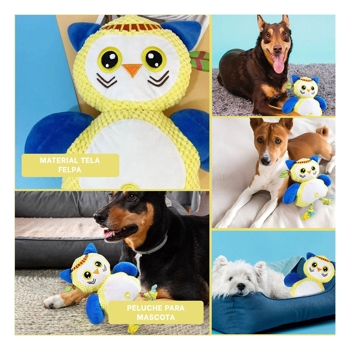 PACK4 MORDEDOR TEXTIL DE BUHO AMARILLO PARA MASCOTA CON COSTURAS REFORZADAS Y+REGALO STICKER - 2