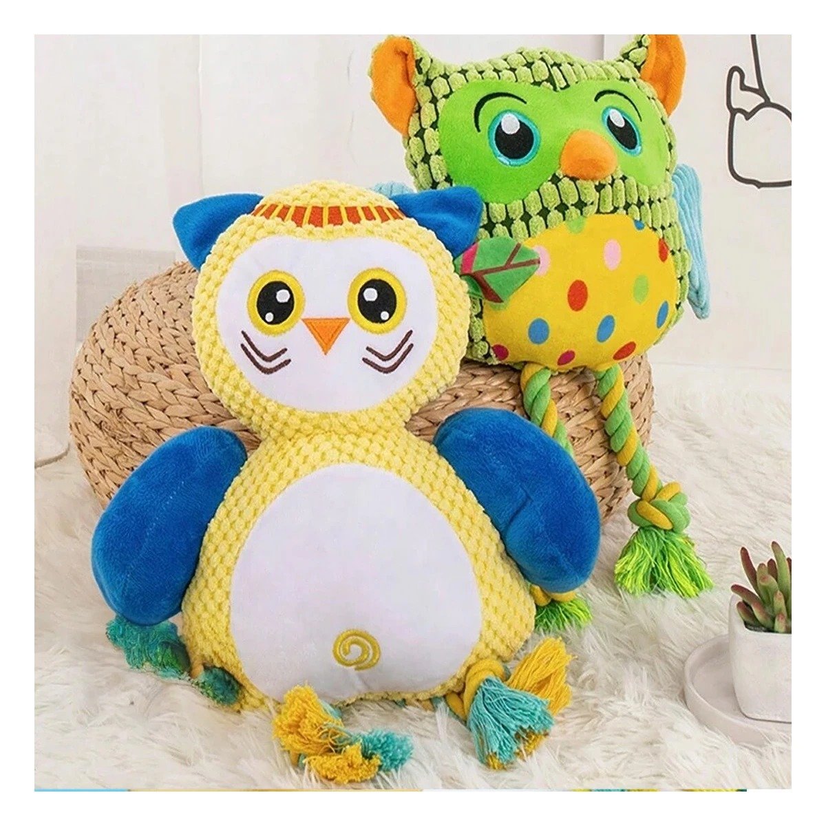 PACK4 MORDEDOR TEXTIL DE BUHO AMARILLO PARA MASCOTA CON COSTURAS REFORZADAS Y+REGALO STICKER - 5