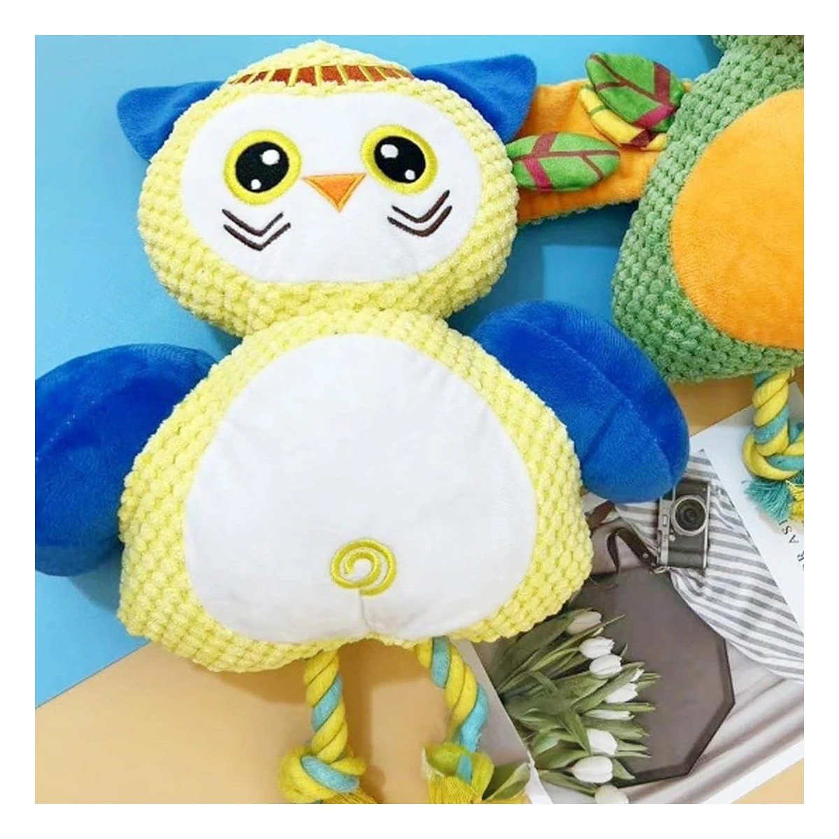 PACK6 MUNECO LIGERO DE BUHO AMARILLO PARA MASCOTA CON ACABADO TEXTIL Y+PAPEL REGALO - 5