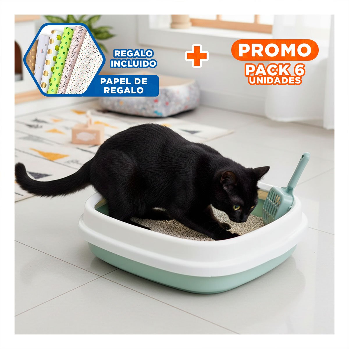 PACK6 AREA CELESTE PARA GATO CON PALA CERNIDORA 48X40X12,5 Y+PAPEL REGALO - 1