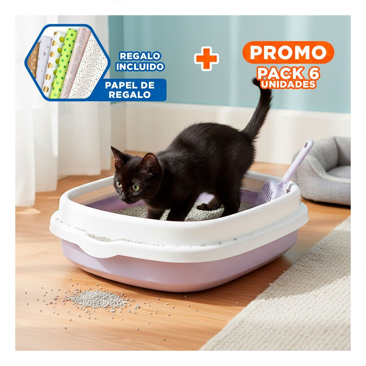 PACK6 AREA LILA PARA GATO CON PALA CERNIDORA 48X40X12,5 Y+PAPEL REGALO - 1
