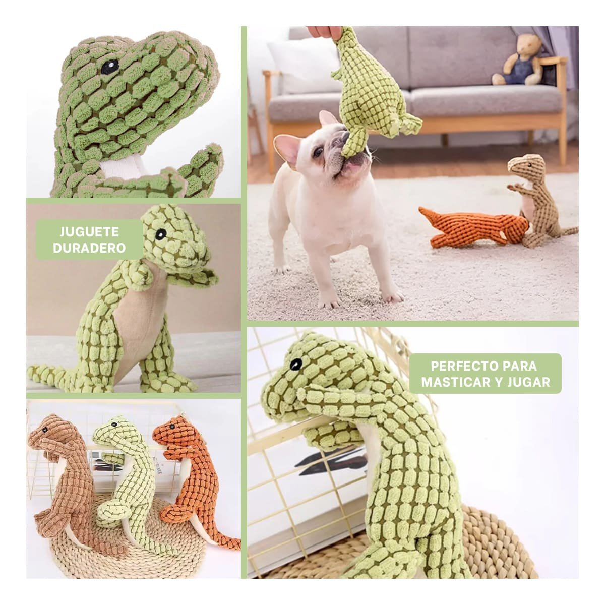 PACK2 JUGUETE COMPACTO DE DINOSAURIO VERDE CLARO PARA MASCOTA EN HOGAR Y+PAPEL REGALO - 3