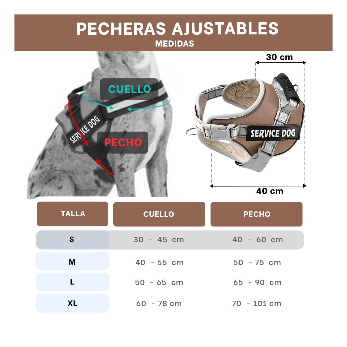 PACK2 CHALECO AJUSTABLE SERVICE DOG TALLA S MARRON CON ASA SUPERIOR - 4