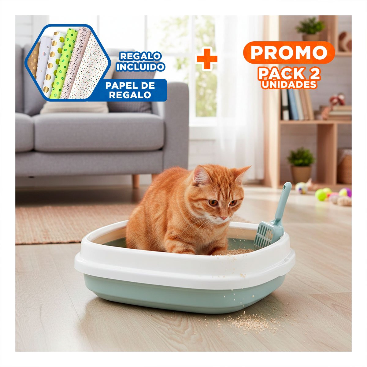 PACK2 RECIPIENTE CELESTE PARA GATO CON PALA CERNIDORA 48X40X12,5 Y+PAPEL REGALO - 1