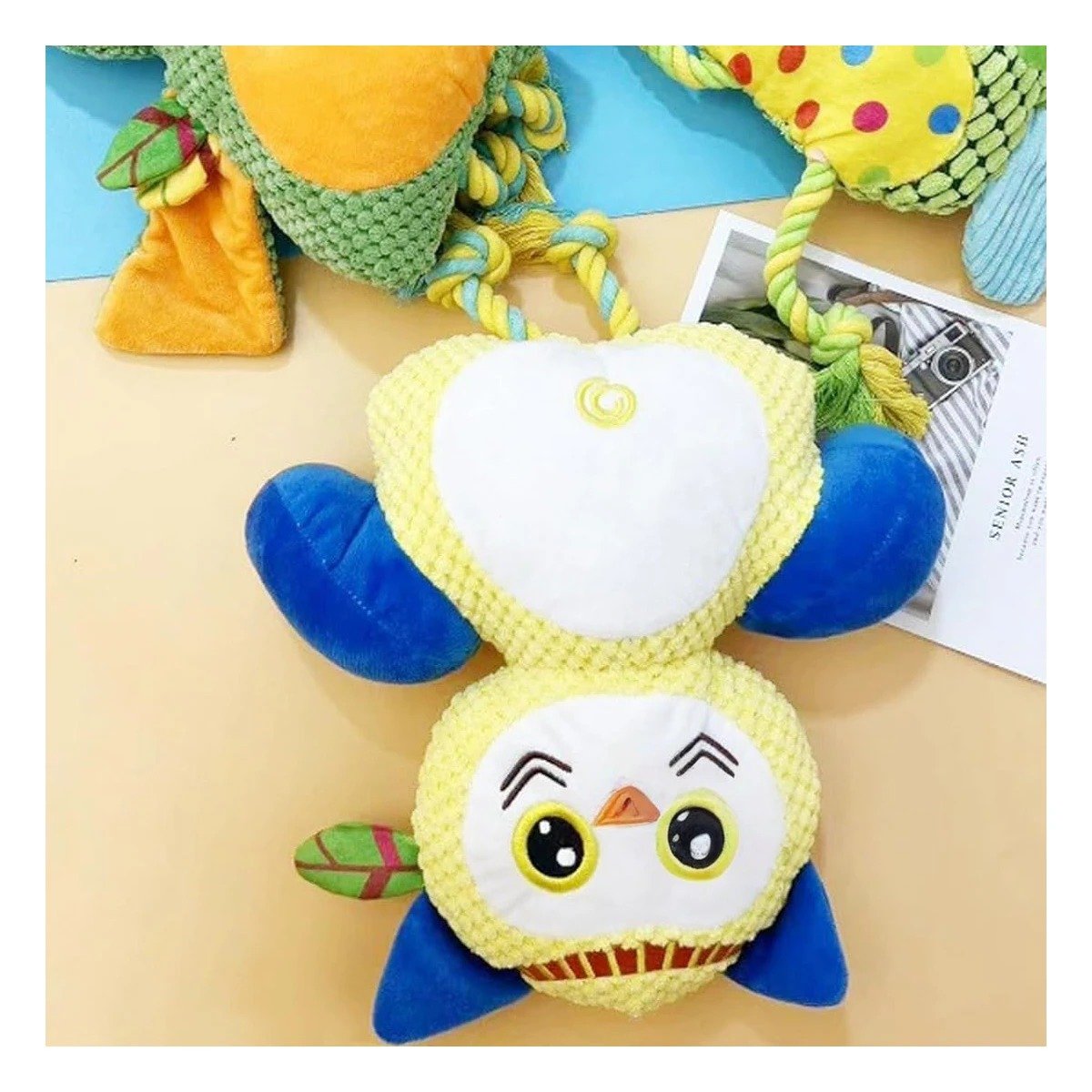 PACK2 JUGUETE DE TELA BUHO AMARILLO PARA MASCOTA CON DISENO LLAMATIVO Y+PAPEL REGALO - 1