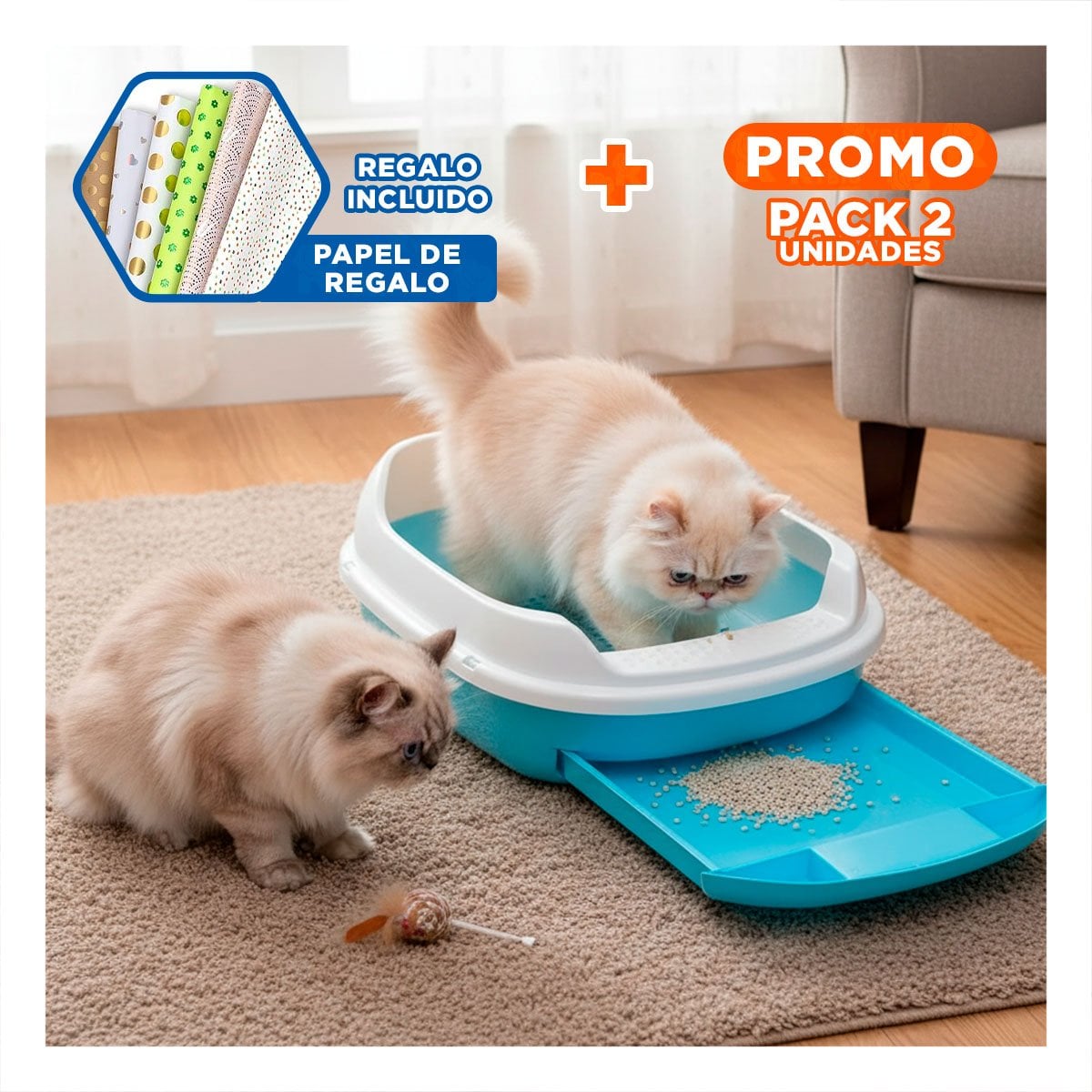 PACK2 RECIPIENTE CELESTE PARA GATO CON BANDEJA EXTRAIBLE ABIERTA Y+PAPEL REGALO - 1