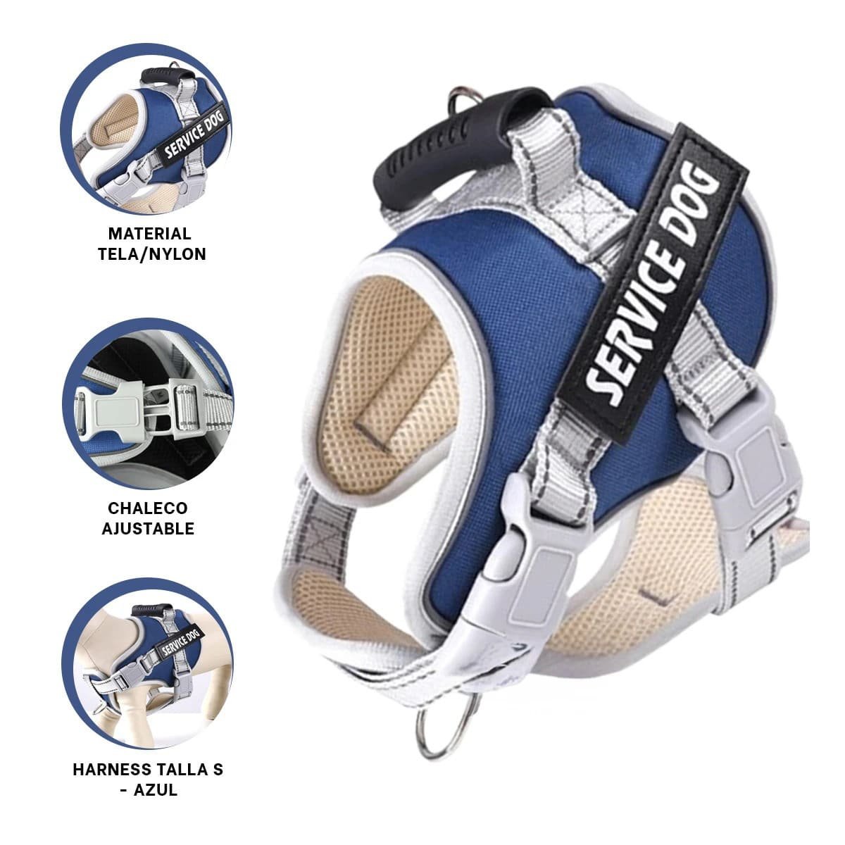 PECHERA DE SOPORTE SERVICE DOG TALLA S AZUL CON ASA Y AJUSTE PRECISO - 3