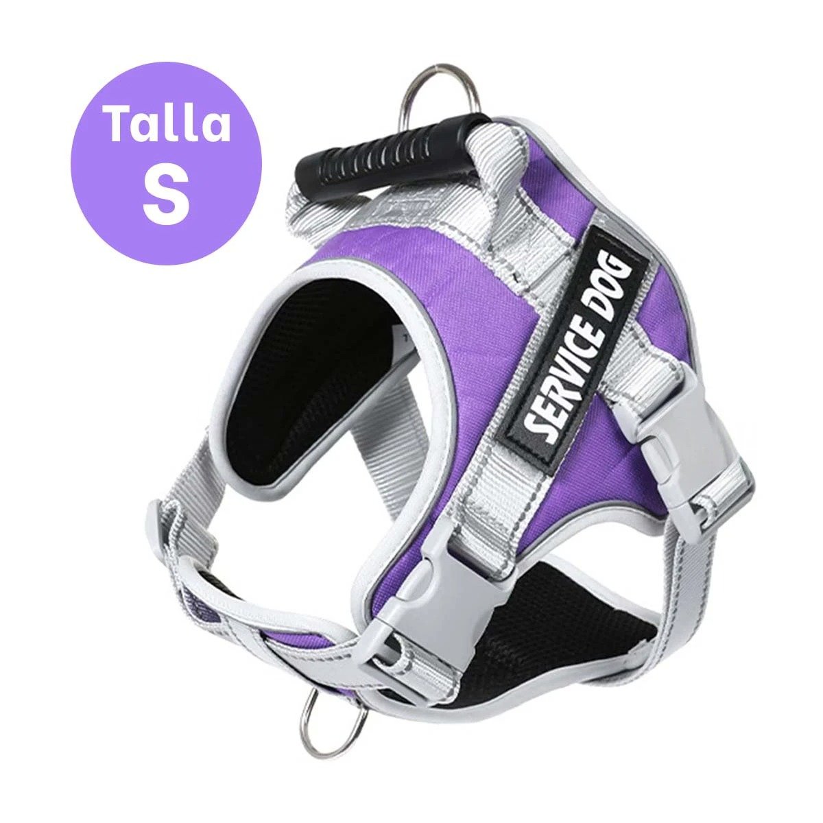 PACK6 CHALECO TIPO ARNES CON ASA SUPERIOR PARA PERRO SERVICE DOG TALLA S MORADO Y+PAPEL REGALO - 4