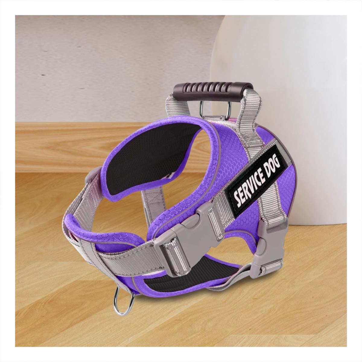 PACK6 CHALECO TIPO ARNES CON ASA SUPERIOR PARA PERRO SERVICE DOG TALLA S MORADO Y+PAPEL REGALO - 5