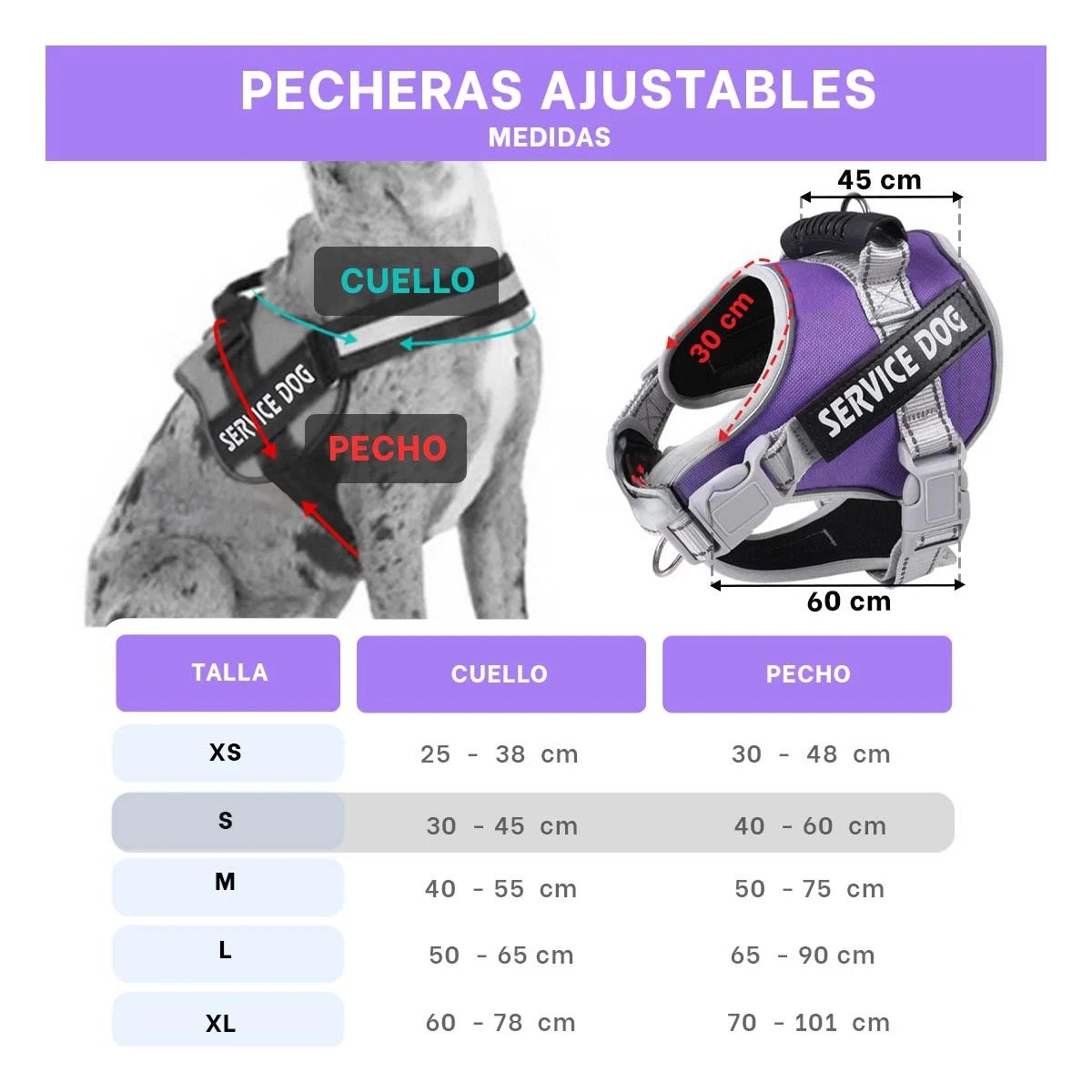 PACK2 PECHERA CON ASA DE MANEJO PARA PERRO SERVICE DOG TALLA S MORADO - 4