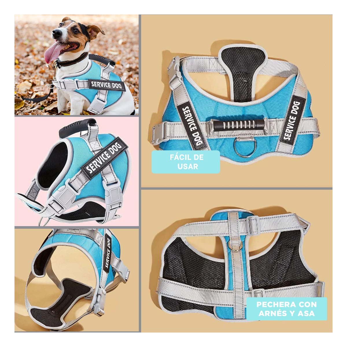 PACK6 PECHERA ACOLCHADA SERVICE DOG TALLA S TURQUEZA CON ASA Y SOPORTE ESTABLE Y+PAPEL REGALO - 3
