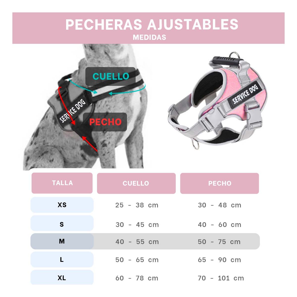 PACK2 HARNESS DE PASEO CON ASA PARA PERRO SERVICE DOG TALLA M ROSADO CLARO Y+REGALO STICKER - 4