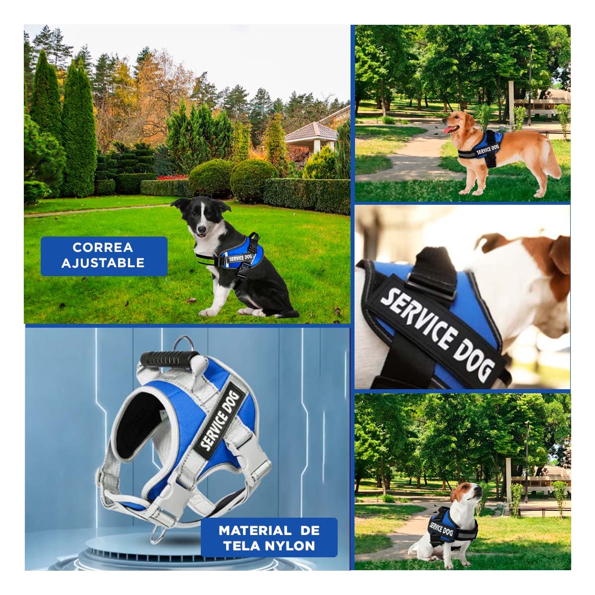CHALECO CON ASA AJUSTABLE PARA PERRO SERVICE DOG TALLA M AZUL Y+POST IT - 5