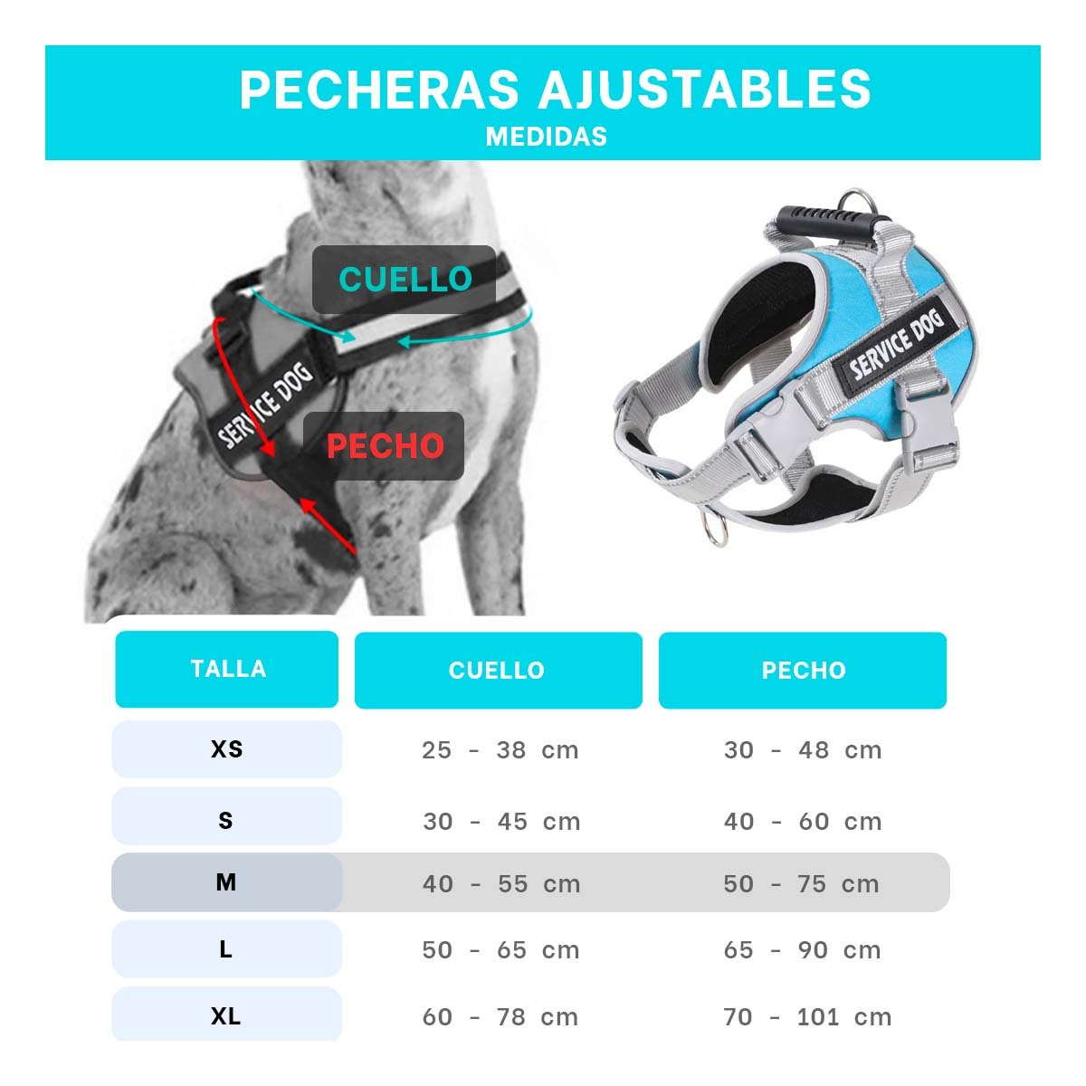 PACK6 PECHERA CON ASA FIRME PARA PERRO SERVICE DOG TALLA M TURQUEZA Y+REGALO STICKER - 4