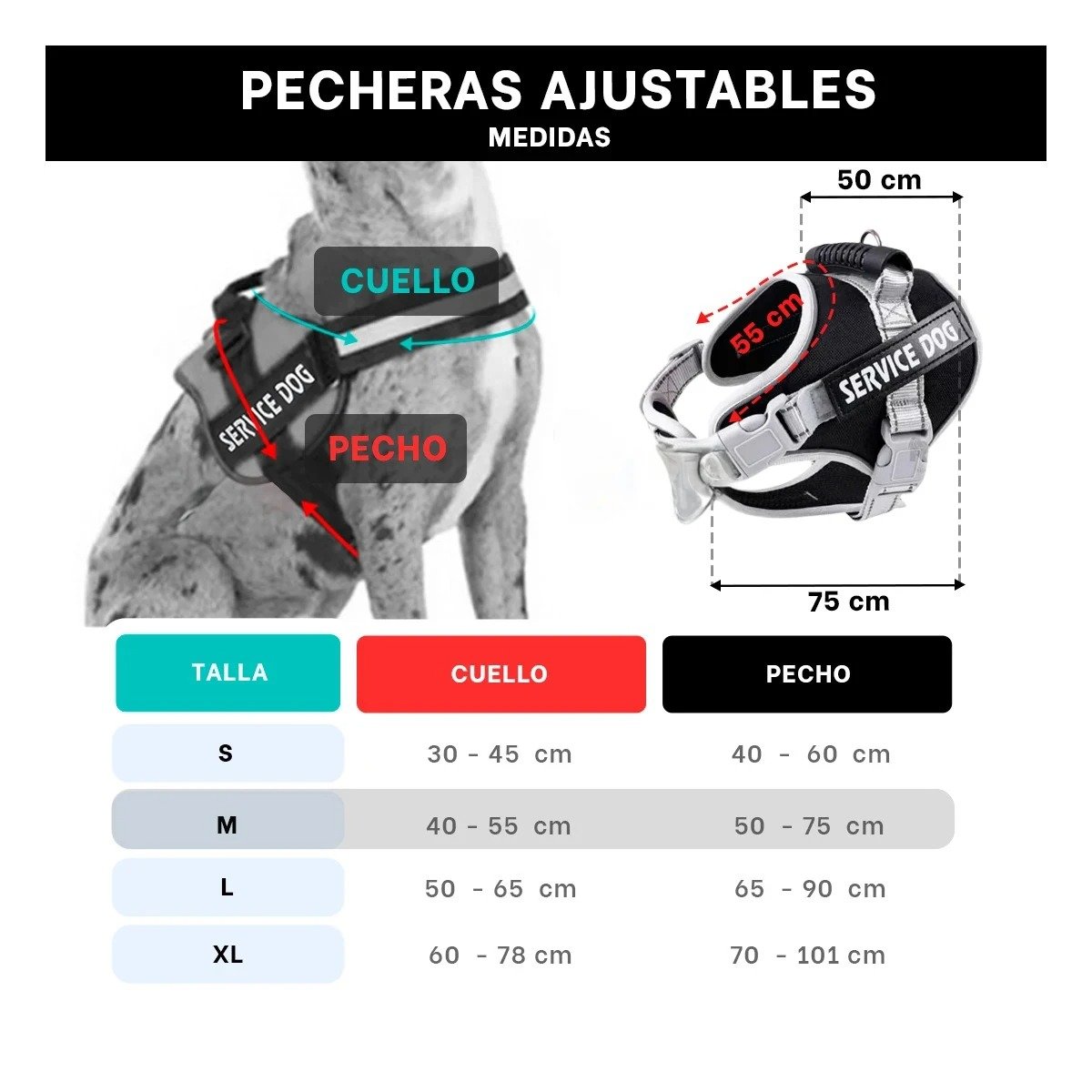 HARNESS DE CONTROL CON ASA TIPO CHALECO PARA PERRO SERVICE DOG TALLA M NEGRO Y+LIGAS REGALO - 4