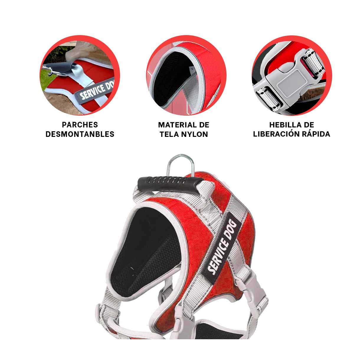 CHALECO CON ASA DE AGARRE SUPERIOR PARA PERRO SERVICE DOG TALLA M ROJO - 3