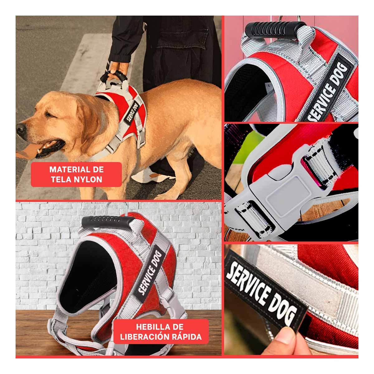 CHALECO CON ASA DE AGARRE SUPERIOR PARA PERRO SERVICE DOG TALLA M ROJO - 5