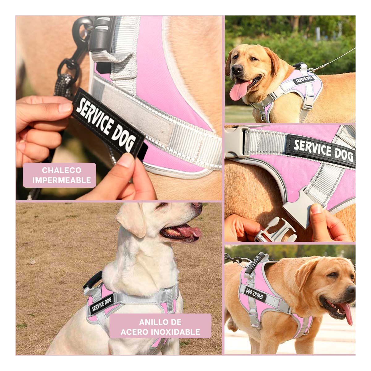 CHALECO CON ASA AJUSTABLE PARA PERRO SERVICE DOG TALLA M ROSADO CLARO Y+POST IT - 5