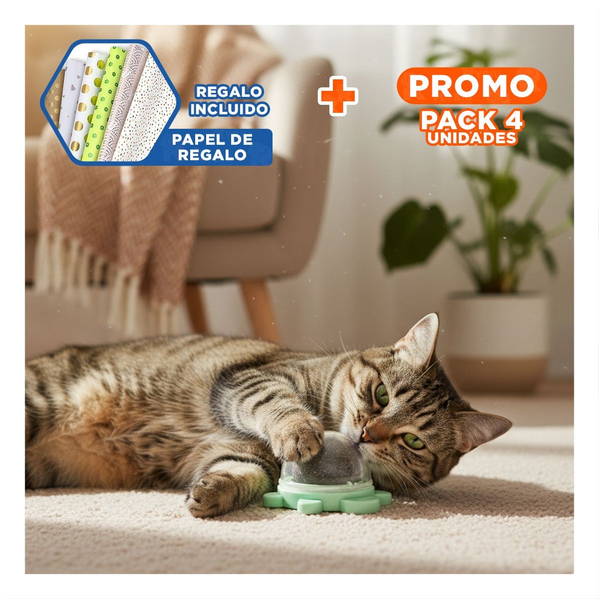 PACK4 BOLA DE TORTUGA CON HIERBA GATERA GIRATORIO Y PLASTICO VERDE PARA JUEGO Y+PAPEL REGALO - 1