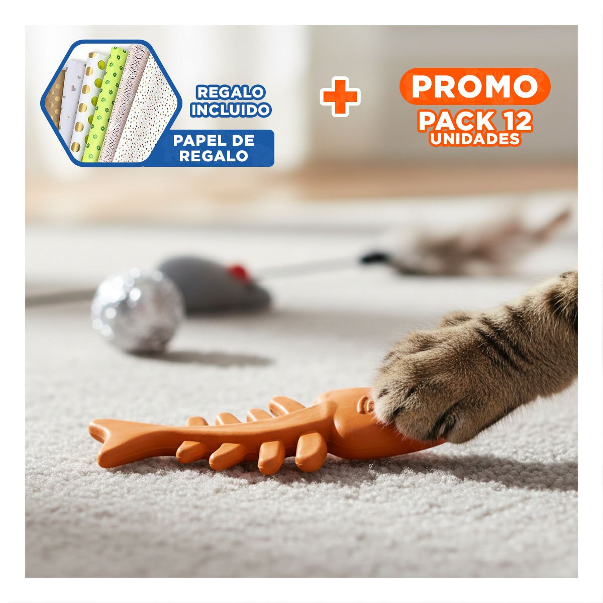 PACK12 ELEMENTO EN FORMA DE PESCADO DE GOMA EN COLOR NARANJA PARA JUEGO SEGURO Y+PAPEL REGALO - 1