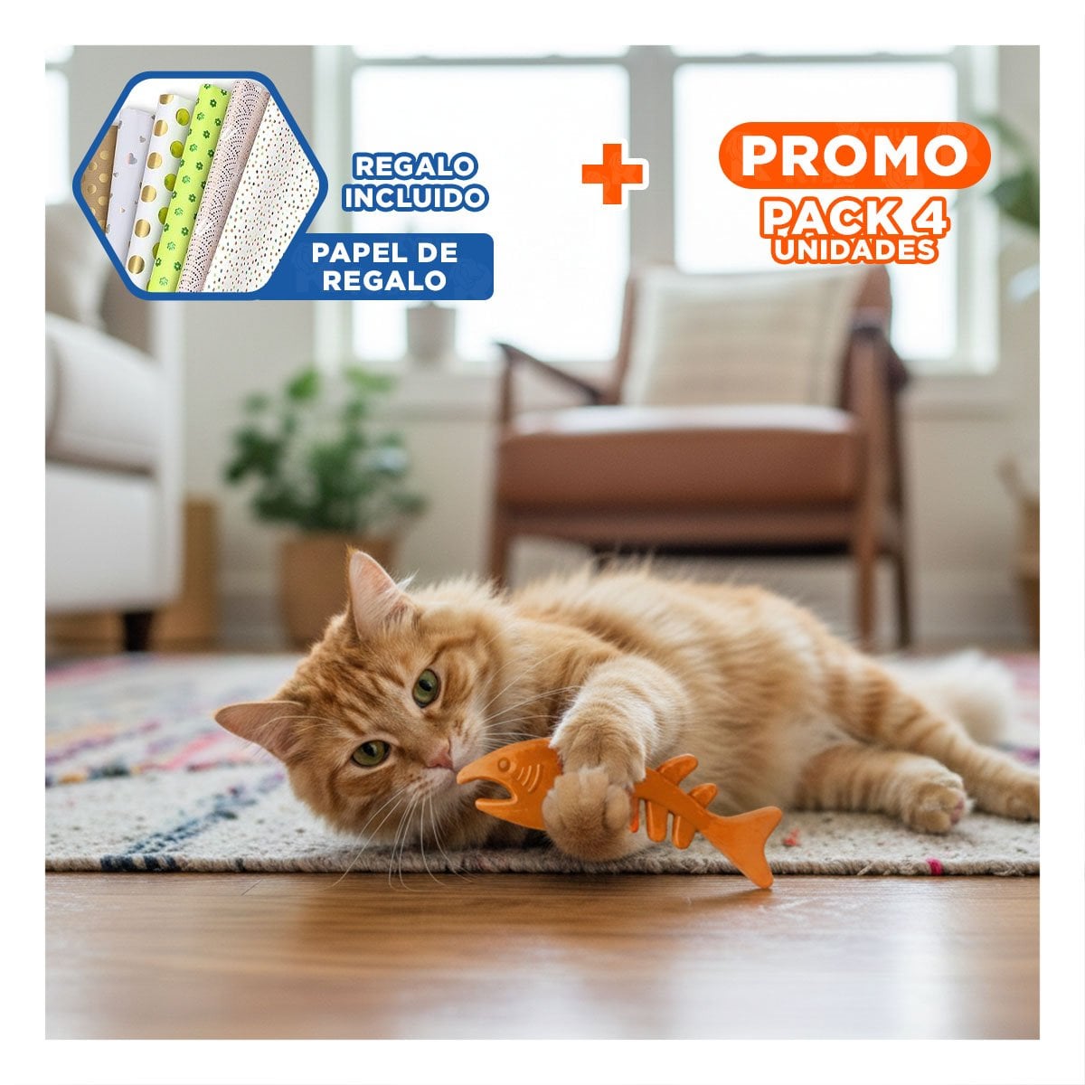 PACK4 JUGUETE MODERNO EN FORMA DE PESCADO DE GOMA EN NARANJA PARA DIVERSION Y+PAPEL REGALO - 1