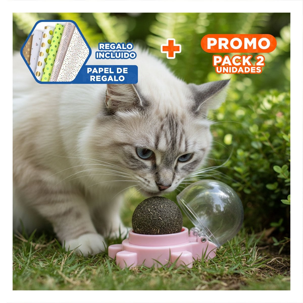 PACK2 BOLA ROSADO DE PLASTICO HIERBA GATERA DE TORTUGA GIRATORIO PARA DIVERSION Y+PAPEL REGALO - 1