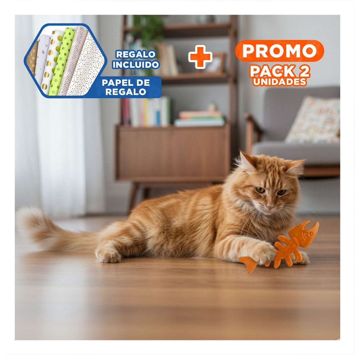 PACK2 JUGUETE FLEXIBLE EN FORMA DE PESCADO EN NARANJA DE GOMA DE USO DIARIO Y+PAPEL REGALO - 1