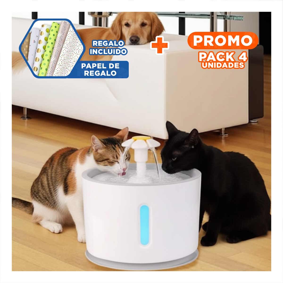 PACK4 CENTRO DE AGUA CIRCULAR BLANCO PLOMO PLASTICO PARA MASCOTA ESTABLE Y+PAPEL REGALO - 1