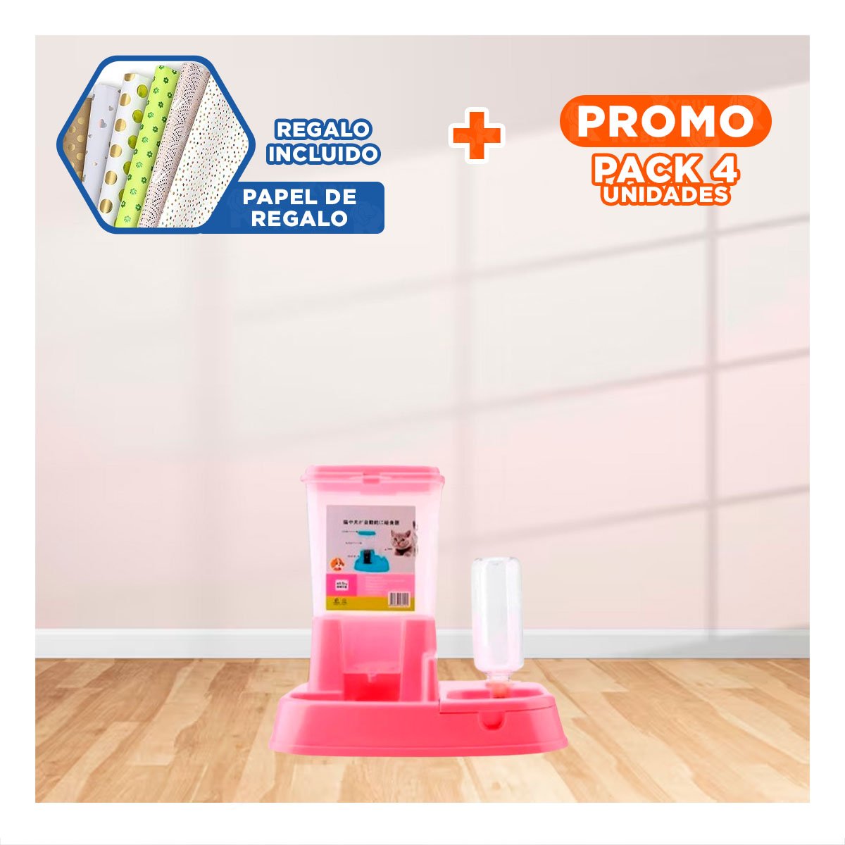 PACK4 SISTEMA DE COMIDA Y BEBIDA PARA MASCOTA ROSADO DURABLE Y ESTABLE Y+PAPEL REGALO - 1