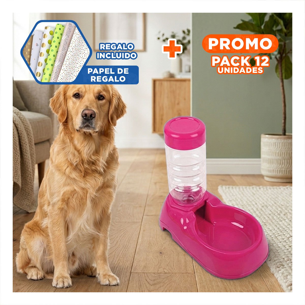 PACK12 RECIPIENTE DE AGUA ROSADO PARA MASCOTA COMODO Y PRACTICO Y RESISTENTE Y+PAPEL REGALO - 1