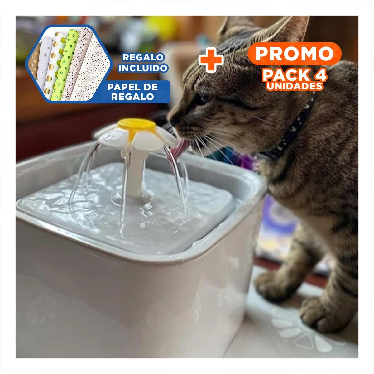 PACK4 CENTRO DE AGUA CUADRADO BLANCO PLOMO PLASTICO PARA MASCOTA ESTABLE Y+PAPEL REGALO - 1