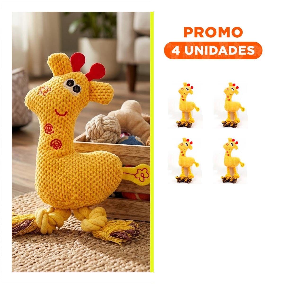 PACK4 GIRAFA PELUCHE SUAVE AMARILLO PARA MASCOTA SEGURO Y REFORZADO Y+REGALO STICKER - 1
