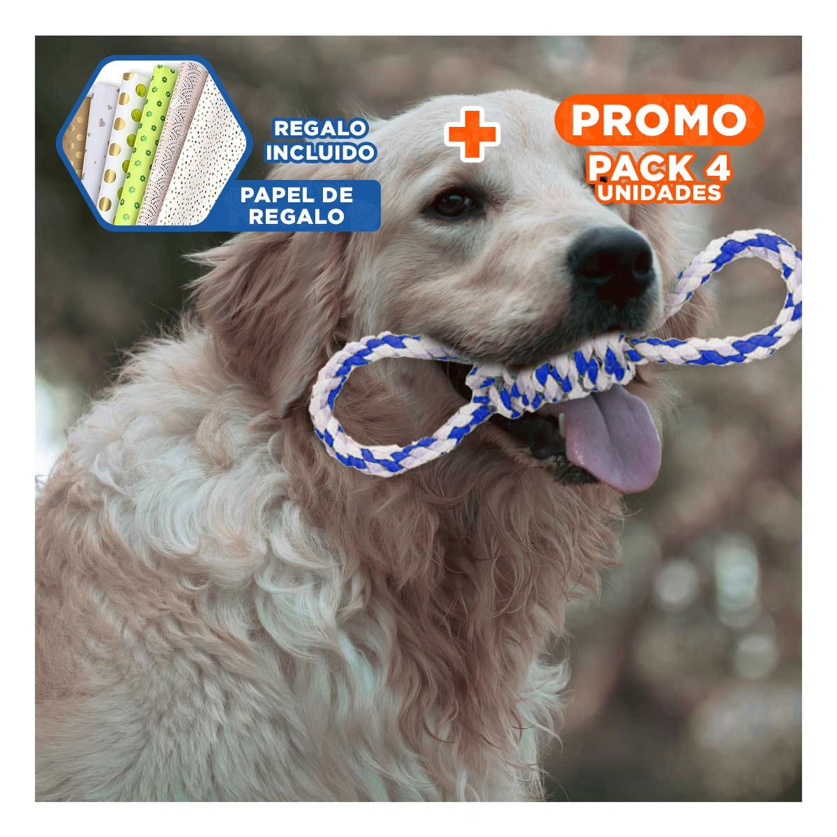 PACK4 LAZO DE ALGODON PARA MASCOTA AZUL CON 4 NUDOS DURADERO Y SEGURO Y+PAPEL REGALO - 1