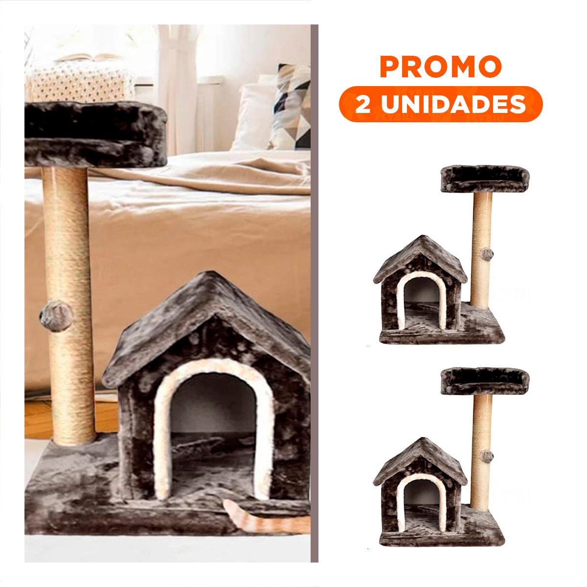 PACK2 CASITA DE FELPA ELEVADA Y COMODA CON PLATAFORMAS EN COLOR GRIS PARA MASCOTAS - 1