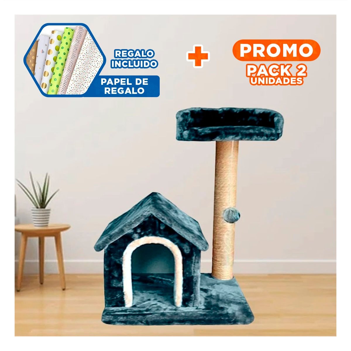 PACK2 CASITA DE DIVERSION INTERACTIVA Y SEGURA CON ESCALERAS EN AZUL PARA GATOS Y+PAPEL REGALO - 1