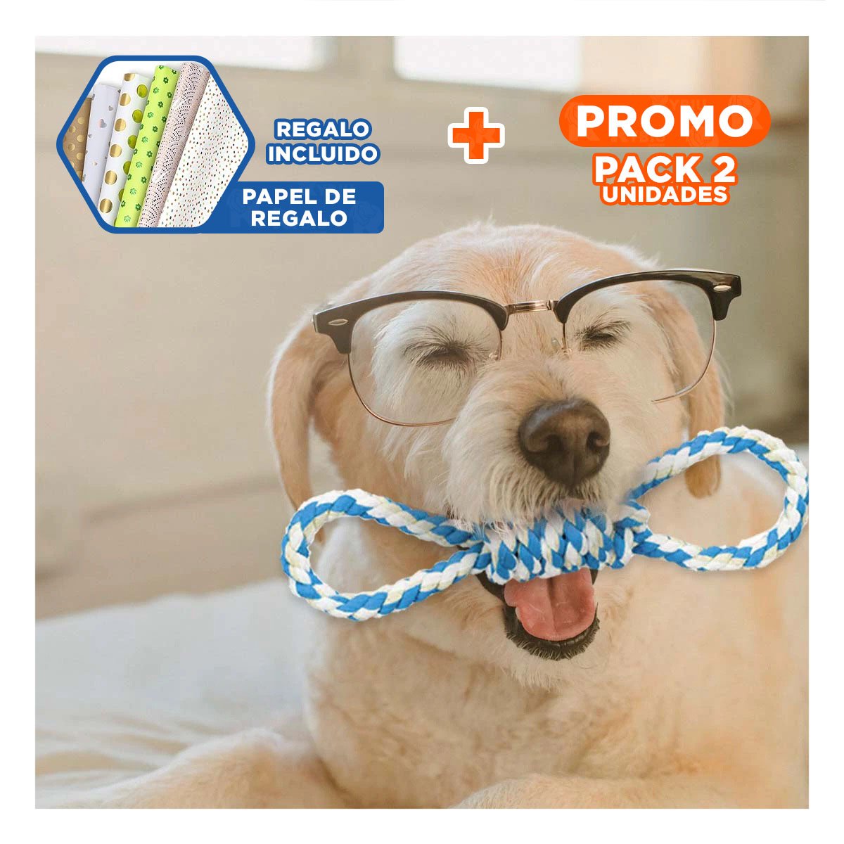 PACK2 JUGUETE TRENZADO CELESTE PARA MASCOTA 4 NUDOS REFORZADO Y RESISTENTE Y+PAPEL REGALO - 1