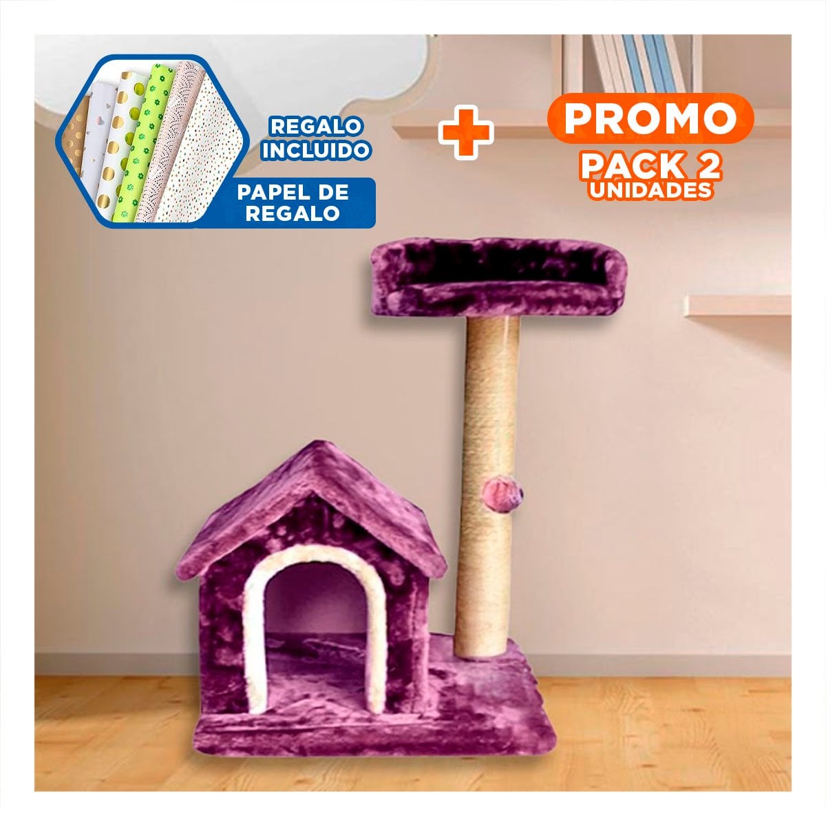 PACK2 CASITA DE DIVERSION INTERACTIVA Y SEGURA CON ESCALERAS EN LILA PARA GATOS Y+PAPEL REGALO - 1