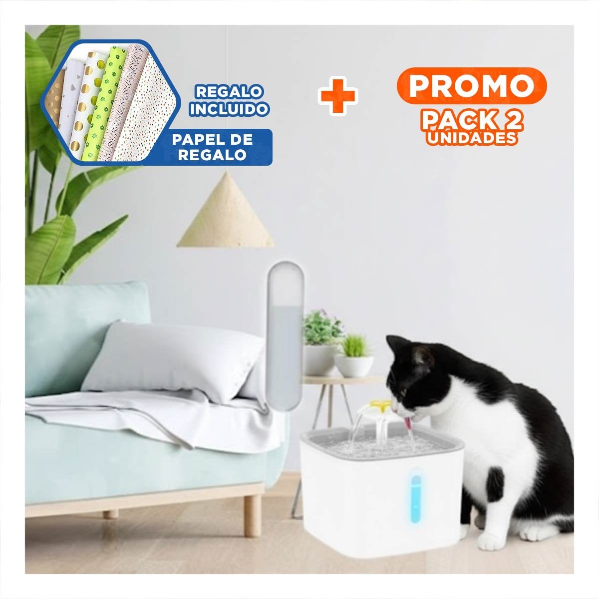 PACK2 CENTRO DE AGUA CUADRADO BLANCO PLOMO DE PLASTICO PARA MASCOTA PRACTICA Y+PAPEL REGALO - 1