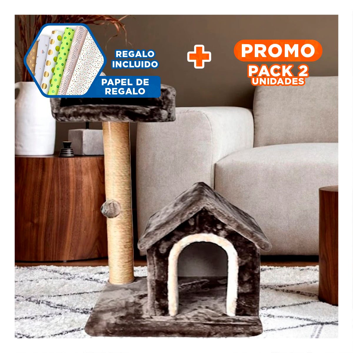 PACK2 CASITA DE DIVERSION INTERACTIVA Y SEGURA CON ESCALERAS EN GRIS PARA GATOS Y+PAPEL REGALO - 1