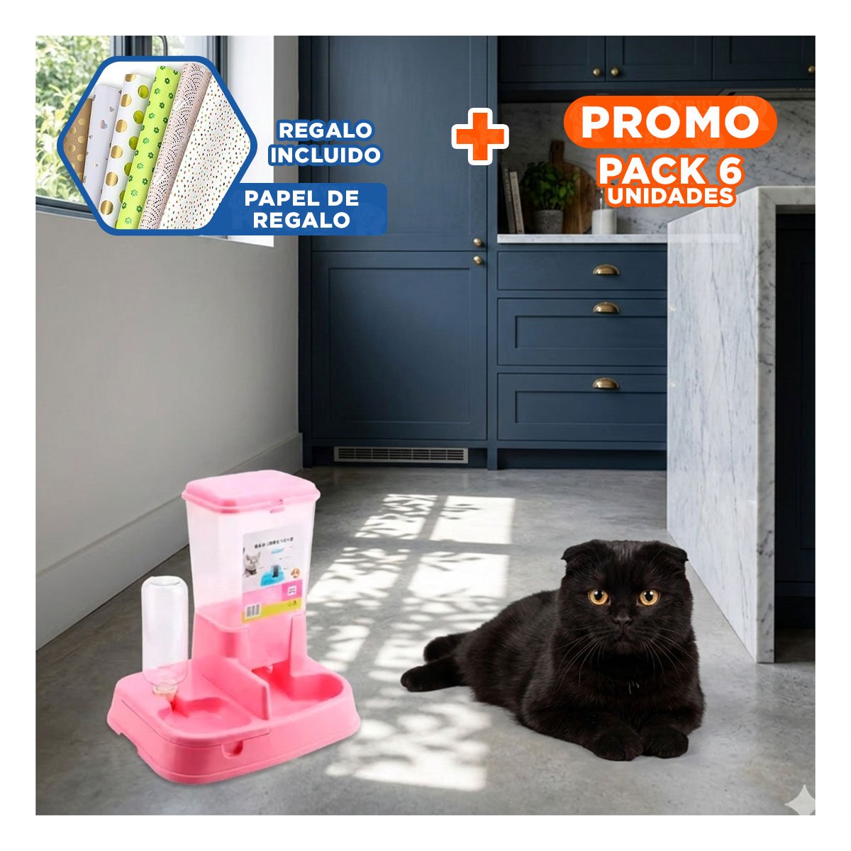 PACK6 SISTEMA DE COMIDA Y BEBIDA PARA MASCOTA ROSADO ESTABLE Y SEGURO Y+PAPEL REGALO - 1