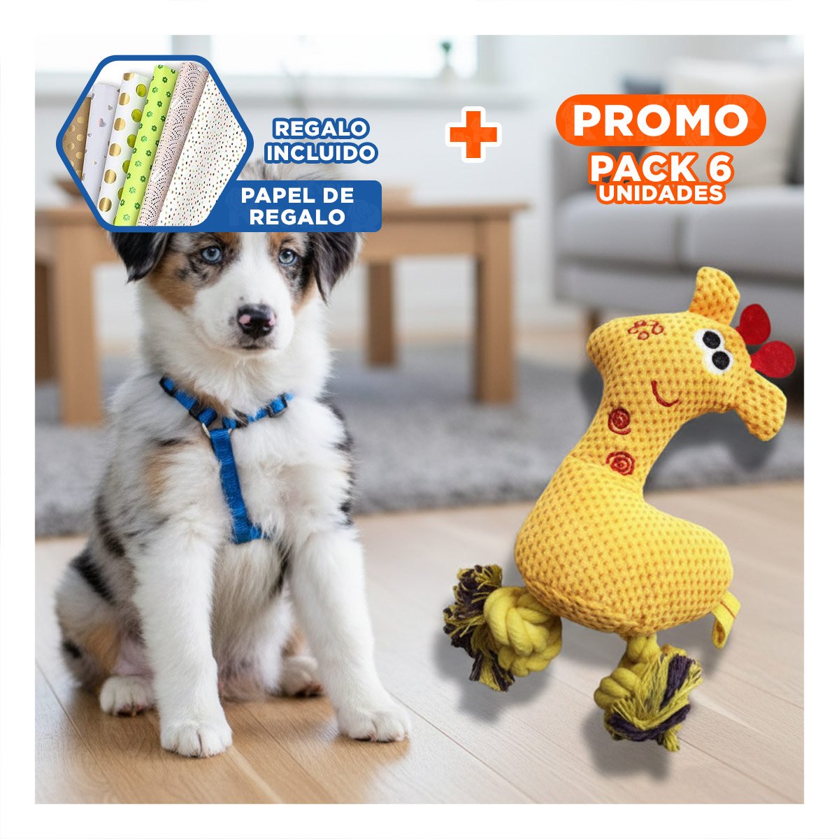 PACK6 GIRAFA PELUCHE COMODA AMARILLO PARA MASCOTA SUAVE Y DIVERTIDO Y+PAPEL REGALO - 1