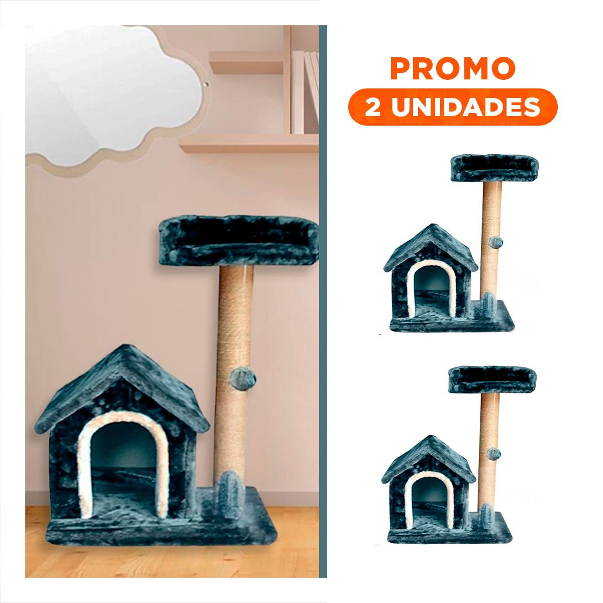 PACK2 CASITA DE FELPA ELEVADA Y COMODA CON PLATAFORMAS EN COLOR AZUL PARA MASCOTAS - 1