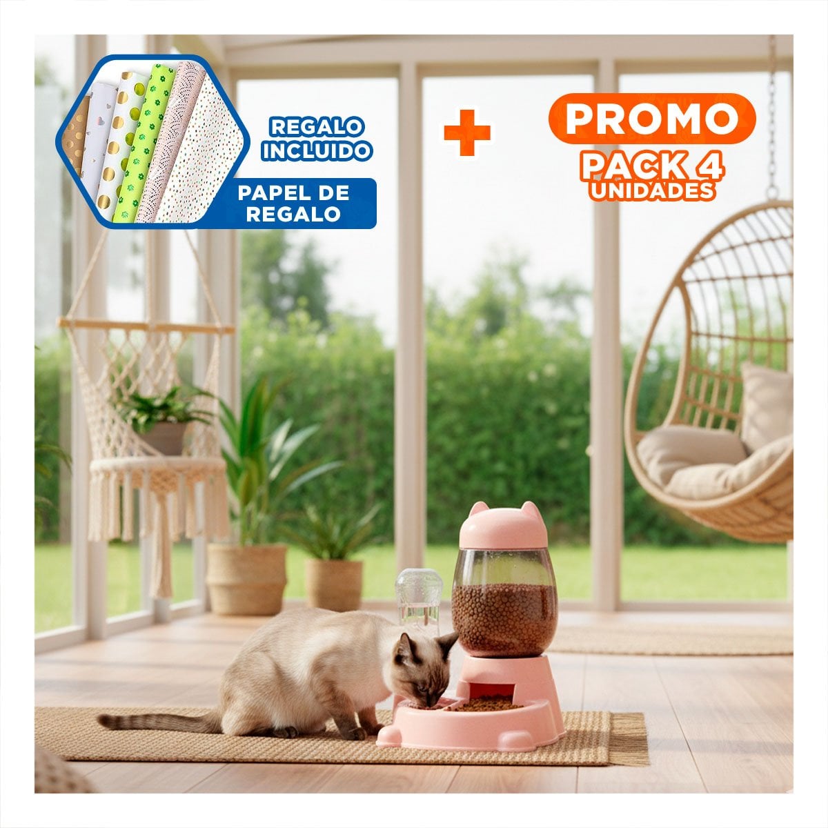 PACK4 PLATO DOBLE PET GATO BLANCO ROSADO PORTATIL Y+PAPEL REGALO - 1